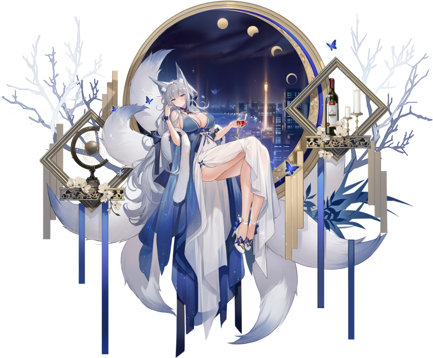 1girl animal_ear_fluff animal_ears ass azur_lane bare_shoulders blue_dress blue_eyes bottle branch breasts bug butterfly choker cleavage closed_mouth cup dress drinking_glass feather_boa fox_ears fox_girl fox_tail full_body hair_ornament hand_up high_heels highres holding holding_cup insect invisible_chair kyuubi large_breasts large_tail long_dress long_hair looking_at_viewer moon_phases multiple_tails official_art revision shinano_(azur_lane) shinano_(light_of_the_hazy_moon)_(azur_lane) silver_hair sitting soaryuna solo tail thighs transparent_background two-tone_dress very_long_hair white_footwear wine_bottle wine_glass