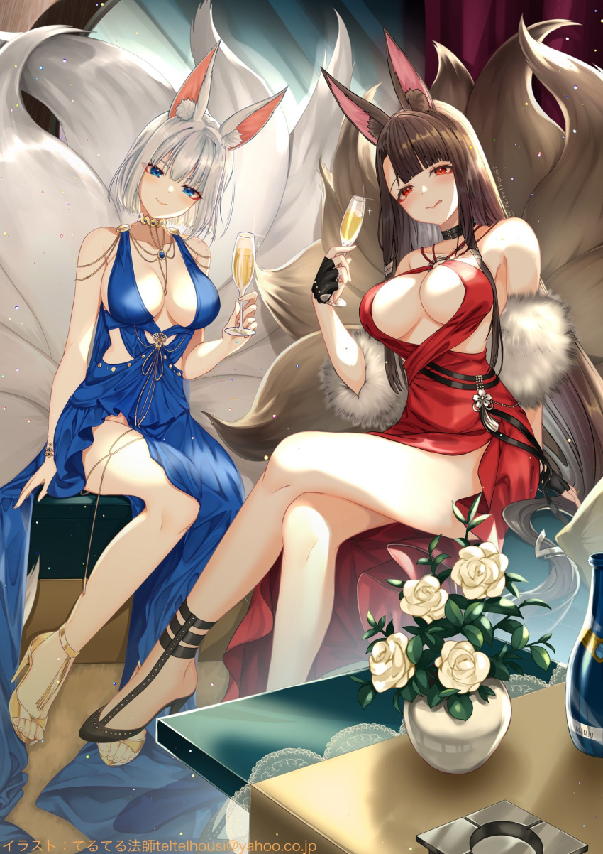 2girls akagi_(azur_lane) akagi_(blushing_intoxication)_(azur_lane) alternate_costume animal_ear_fluff animal_ears ashtray azur_lane bangs bare_shoulders black_choker black_gloves black_hair blue_dress blue_eyes blunt_bangs blush breasts champagne_flute choker cleavage closed_mouth collarbone crossed_legs cup dress drinking_glass eyeliner feather_boa fingerless_gloves flower fox_ears fox_girl fox_tail gloves gold_footwear hair_ornament half-closed_eyes halterneck hand_up high_heels highres holding holding_cup invisible_chair jewelry kaga_(azur_lane) kaga_(white-tailed_magnificence)_(azur_lane) kitsune kyuubi large_breasts large_tail long_hair looking_at_viewer makeup multiple_girls multiple_tails no_bra no_panties o-ring open_toe_shoes pelvic_curtain red_dress red_eyes revealing_clothes rose short_hair side_slit sitting sleeveless sleeveless_dress smile table tail teltelhousi thighs tongue tongue_out twitter_username vase very_long_hair white_flower white_hair white_rose