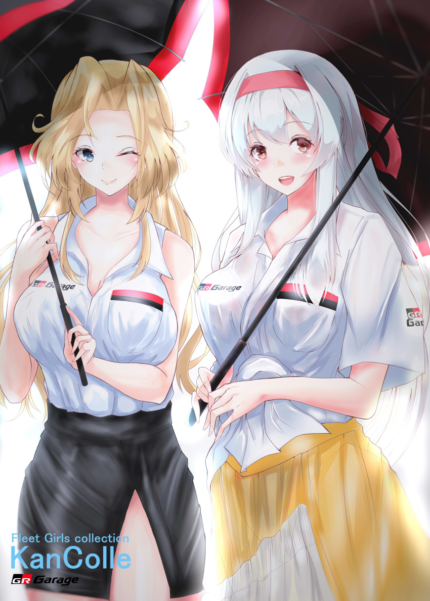 2girls :d ;) absurdres alternate_costume black_skirt blonde_hair blue_eyes breast_pocket breasts brown_eyes cleavage copyright_name cowboy_shot eyebrows_visible_through_hair gr hairband highres holding holding_umbrella hornet_(kantai_collection) kantai_collection large_breasts long_hair looking_at_viewer multiple_girls muneate one_eye_closed open_mouth pencil_skirt pocket red_hairband shamo_(ptwmjgda) shirt shoukaku_(kantai_collection) simple_background skirt sleeveless sleeveless_shirt smile tied_shirt umbrella white_background white_hair white_shirt yellow_skirt