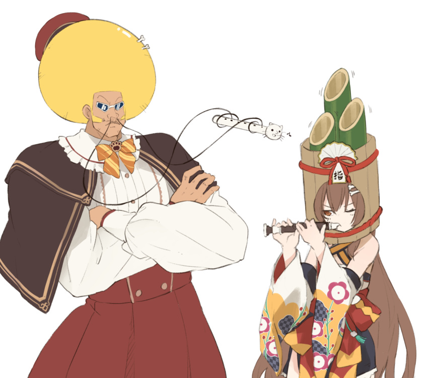 ._. 1boy 1girl :d afro antennae bamboo bangs bare_shoulders beret blonde_hair bobobo-bo_bo-bobo bobobo-bo_bo-bobo_(character) bone_hair_ornament bow bowtie brown_capelet brown_eyes brown_hair buttons capelet center_frills commentary_request cosplay crossed_arms dark_skin detached_sleeves dog_girl eighth_note eyebrows_visible_through_hair facial_hair floral_print flute frills glasses hair_between_eyes hair_ornament hands_up hat high-waist_skirt holding hololive instrument inugami_korone inugami_korone_(cosplay) japanese_clothes kadomatsu kase_(kurimuzone_oruta) long_hair long_sleeves music musical_note mustache nyanpyou official_alternate_costume one_eye_closed open_mouth playing_flute playing_instrument prehensile_mustache puffy_long_sleeves puffy_sleeves pyuu_to_fuku!_jaguar:_ashita_no_jump red_headwear red_skirt ribbon shirt sideburns simple_background skirt smile striped striped_bow sunglasses v-shaped_eyebrows very_long_hair virtual_youtuber whiskers white-framed_eyewear white_background white_shirt