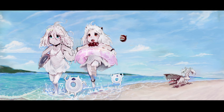 &gt;_&lt; 3girls abyssal_ship barefoot beach black_border black_horns blue_eyes border cloud day dress enemy_aircraft_(kantai_collection) enemy_lifebuoy_(kantai_collection) escort_water_princess gloves hair_between_eyes holding horns innertube kantai_collection long_hair multiple_girls new_submarine_princess northern_ocean_princess ocean open_mouth outdoors pale_skin red_eyes running sky sowamame twintails water white_dress white_gloves white_hair white_skin