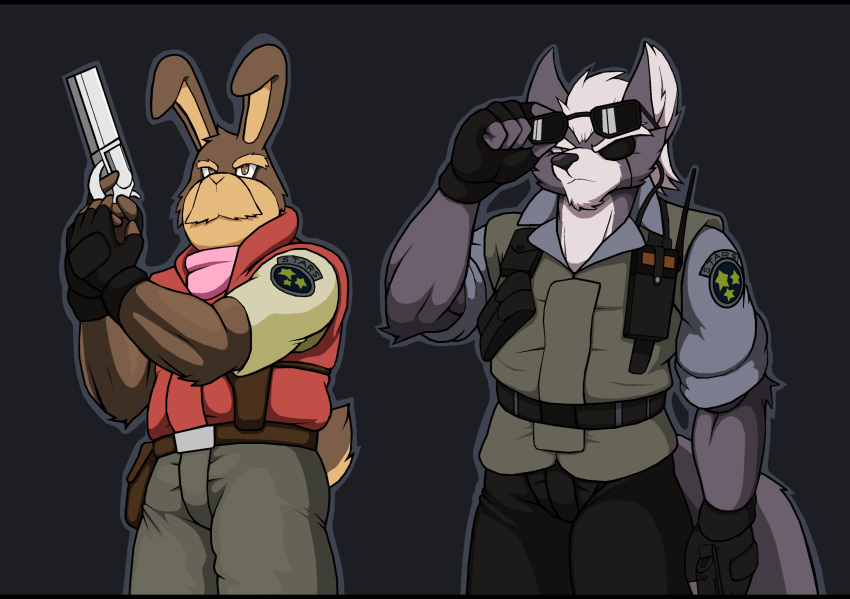 albert_wesker anthro barry_burton belt black_bars canid canine canis capcom clothing cosplay costume crossover crossover_cosplay droll3 duo eyewear eyewear_on_head facial_hair gun handgun hare hi_res lagomorph leporid letterbox looking_away male mammal mustache nintendo peppy_hare police_officer police_uniform radio ranged_weapon resident_evil revolver star_fox sunglasses sunglasses_on_head topwear uniform vest video_games weapon weapon_holster wolf wolf_o'donnell