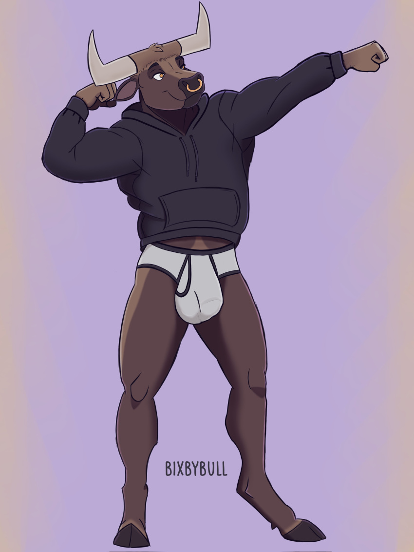 3:4 absurd_res anthro bixbybull black_clothing black_hoodie black_topwear bovid bovine briefs bulge cattle clothing drawyourfursona hi_res hoodie male mammal meme meme_clothing solo standing topwear underwear white_clothing white_underwear