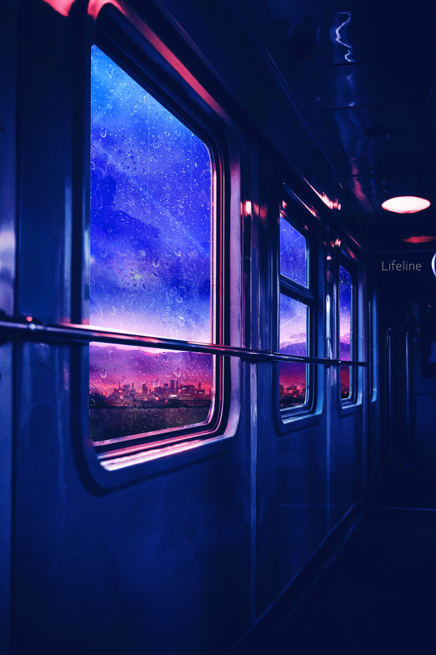 absurdres artist_name building city_lights cityscape commentary_request ground_vehicle highres lifeline_(a384079959) mountainous_horizon night no_humans original rain scenery train train_interior window