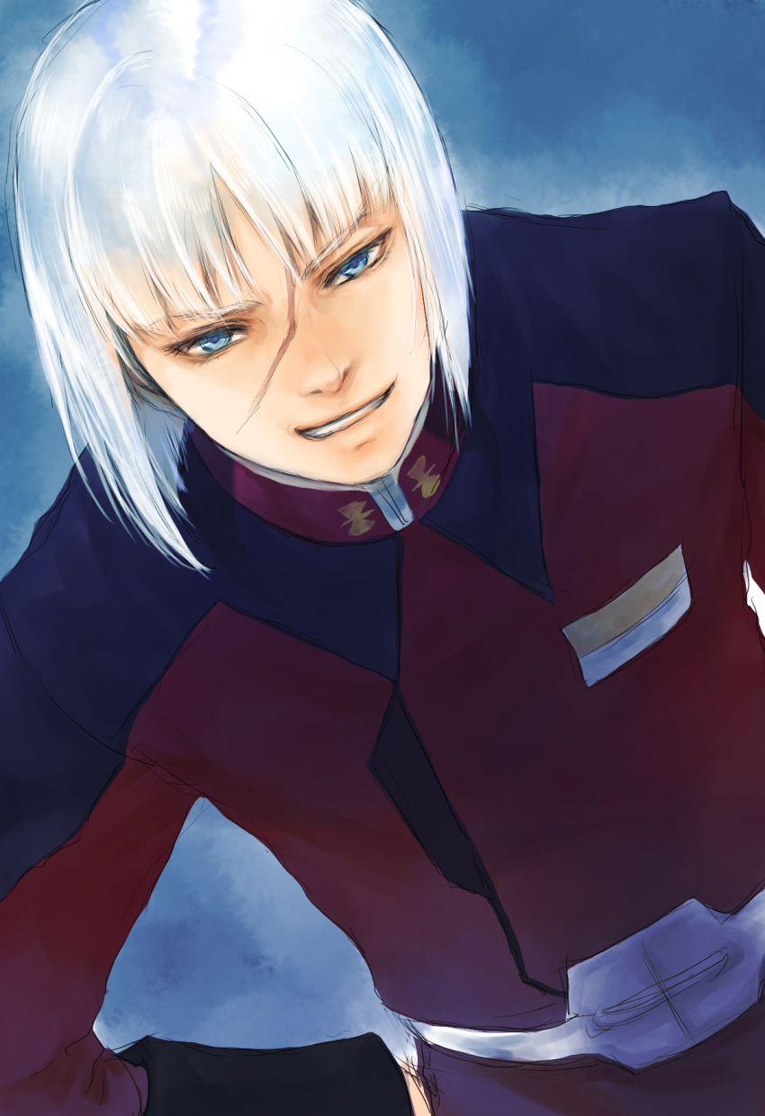 1boy blue_background blue_eyes clenched_teeth gundam gundam_seed gundam_seed_destiny hand_on_hip highres looking_down military military_uniform scar solo takeda_yuuko teeth uniform white_hair yzak_joule