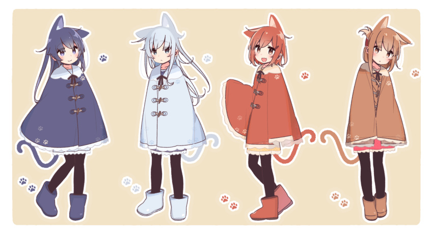 4girls :3 :d =v akatsuki_(kantai_collection) animal_ears blue_eyes blush boots brown_eyes brown_hair cat_ears cat_tail eyebrows_visible_through_hair fang hair_between_eyes hibiki_(kantai_collection) highres ikazuchi_(kantai_collection) inazuma_(kantai_collection) kantai_collection long_hair multiple_girls open_mouth paw_print poncho purple_eyes purple_hair purple_poncho short_hair silver_hair skin_fang smile tail yoru_nai