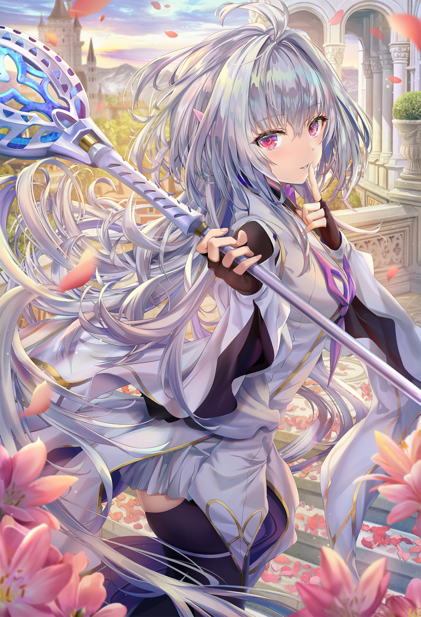 1girl ahoge bangs black_gloves black_pants breasts castle fate/grand_order fate/prototype fate_(series) fingerless_gloves flower gloves highres holding holding_staff index_finger_raised long_hair long_sleeves looking_at_viewer medium_breasts merlin_(fate/prototype) pants parted_lips petals purple_eyes smile staff thighs torino_akua very_long_hair white_hair white_robe wide_sleeves