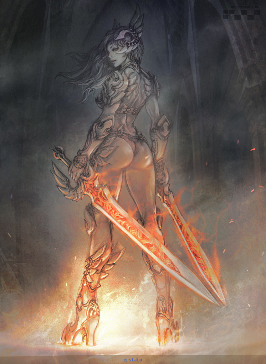 1girl armor armored_boots arms_at_sides ass bikini_armor boots breastplate breasts commentary dual_wielding english_commentary fantasy fire flame floating_hair from_behind hallway helmet high_heel_boots high_heels highres holding holding_sword holding_weapon leg_wings legs_apart long_hair looking_back original ozo_stato partially_colored pauldrons profile reverse_grip shoulder_armor smoke solo standing sword vambraces weapon winged_footwear winged_helmet winged_sword