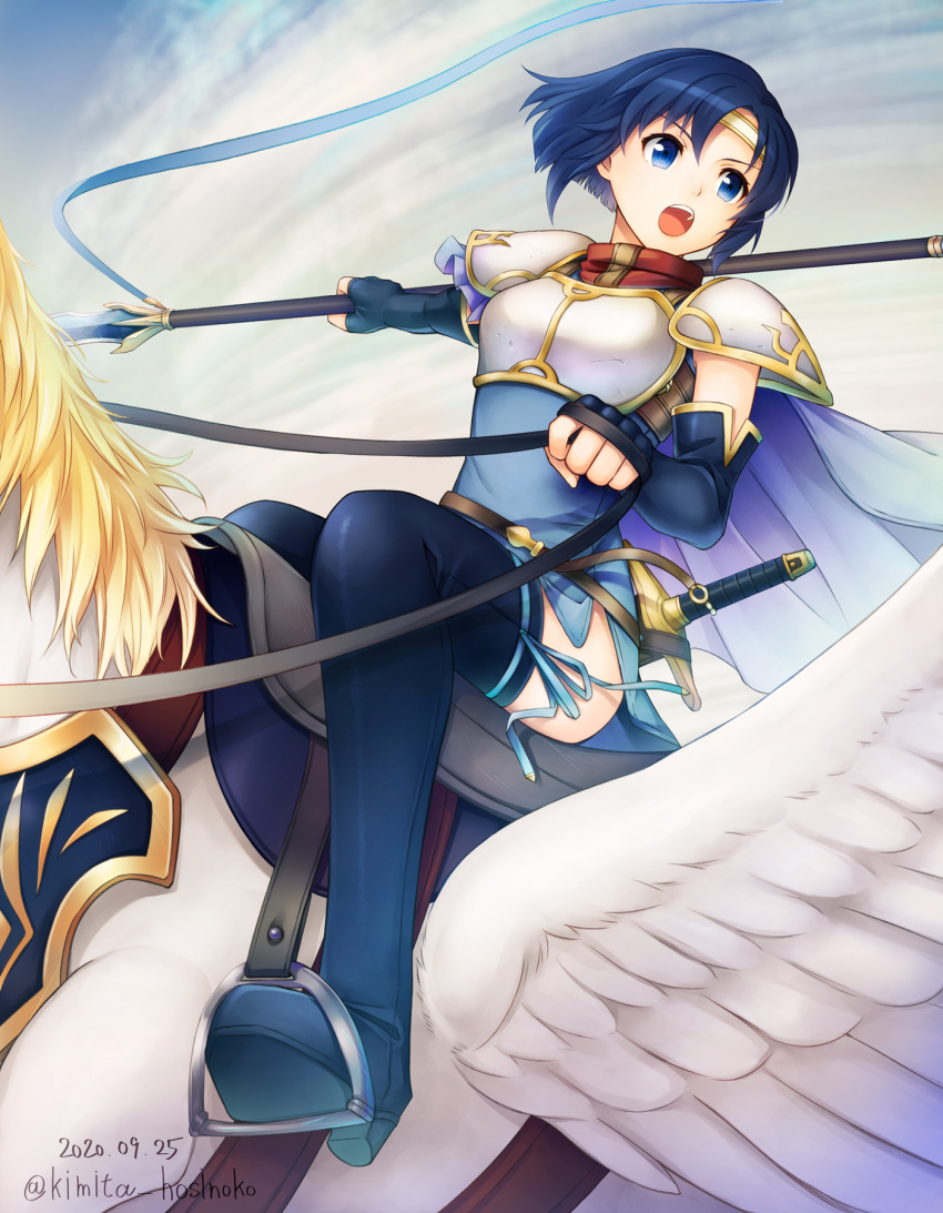 1girl blue_eyes blue_hair boots breastplate catria_(fire_emblem) dated elbow_gloves fingerless_gloves fire_emblem fire_emblem:_mystery_of_the_emblem gloves headband highres holding kimita_(kiokunoumi) open_mouth pegasus pegasus_knight polearm short_hair solo thigh_boots thighhighs twitter_username weapon