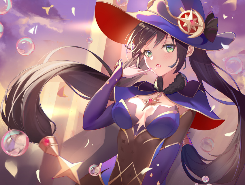 1girl absurdres blush breasts bubble cleavage genshin_impact green_eyes hair_ornament half-closed_eyes hat highres long_hair looking_at_viewer mage mona_(genshin_impact) open_mouth purple_hair saliva saliva_trail sky tongue twintails very_long_hair witch_hat zhongwu_chahui