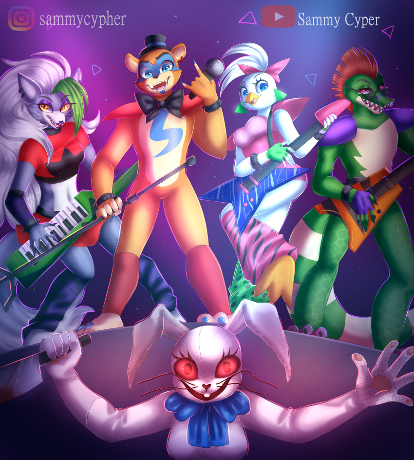 2020 absurd_res alligator alligatorid animatronic anthro avian beak bird blue_eyes blue_markings breasts canid canine canis chicken claws clothing crocodilian female fingers five_nights_at_freddy's five_nights_at_freddy's:_security_breach galliform gallus_(genus) glamrock_chica_(fnaf) glamrock_freddy_(fnaf) gloves green_body green_hair grey_body group guitar hair handwear hi_res highlights_(coloring) keyboard_instrument knife lagomorph leporid lipstick machine makeup mammal markings mohawk_(hairstyle) montgomery_gator_(fnaf) musical_instrument orange_body pawpads phasianid piano plucked_string_instrument rabbit red_eyes red_hair reptile robot roxanne_wolf_(fnaf) sammycypher scalie sharp_teeth signature string_instrument teeth toe_claws ursid vanny_(fnaf) video_games whiskers white_body white_hair wolf yellow_eyes