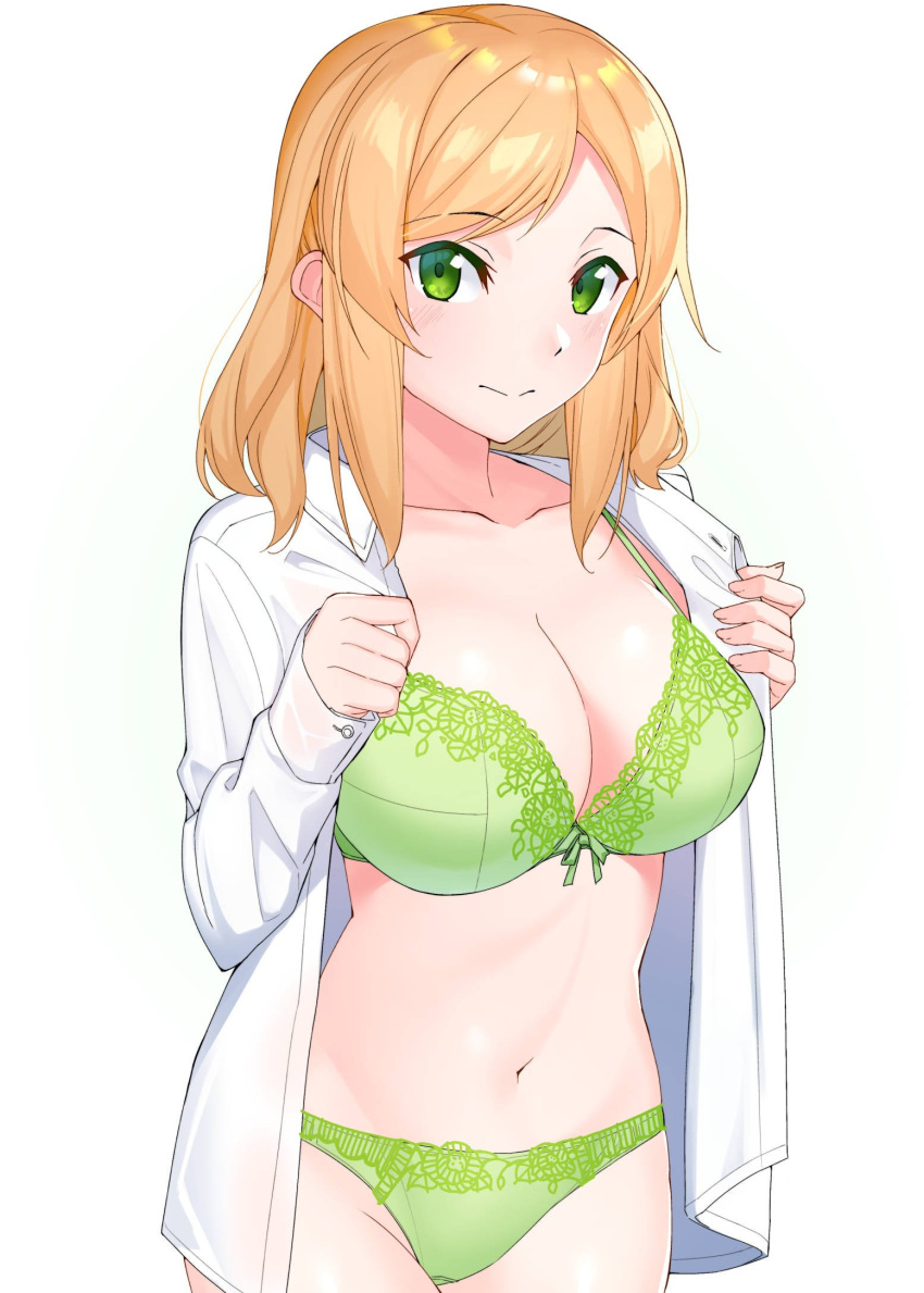 1girl bangs bikini blonde_hair bow bow_bra bra breasts cleavage closed_mouth crotch_seam dress_shirt eyebrows_visible_through_hair green_bikini green_eyes green_panties highres lace lace_bra lace_panties large_breasts light_frown looking_at_viewer medium_hair navel no_pants open_clothes open_shirt opened_by_self original panties raitho104 shirt sidelocks simple_background solo standing swept_bangs swimsuit underwear undressing white_background white_shirt wing_collar