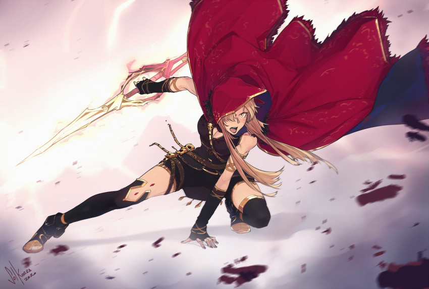 1girl 2020 blonde_hair breasts cape cleavage dated ereshkigal_(fate/grand_order) fate/grand_order fate_(series) highres hood red_cape red_hood solkorra solo thighhighs weapon yellow_eyes