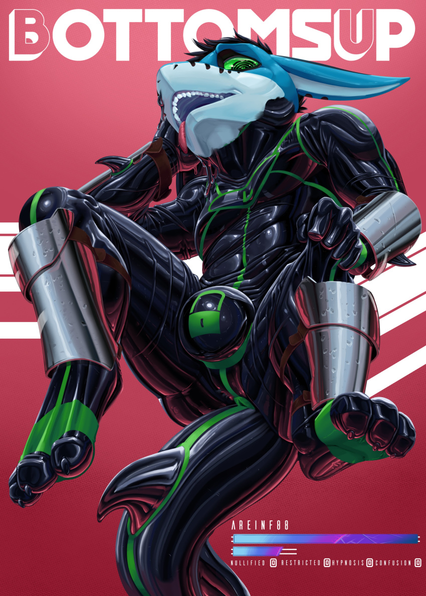 2020 absurd_res anthro anus armor bdsm bondage bound chastity_bulge chastity_device cover digital_drawing_(artwork) digital_media_(artwork) fish green_eyes hi_res hypnosis lock_bulge long_ears magazine_cover male marine mind_control null_bulge open_mouth rubber shark solo spiral_eyes teeth tempestus_vulpis timer_suit transformation