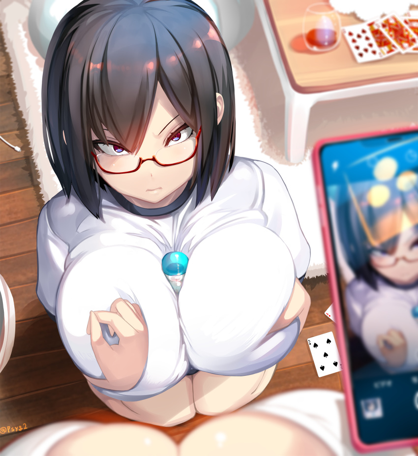 2girls between_breasts black_hair breast_squeeze breasts buruma card cellphone cellphone_picture cleavage commentary commentary_request cup drinking_glass female_pov from_above glaring glasses gym_uniform highres huge_breasts humiliation kneeling large_breasts looking_at_viewer multiple_girls original phone playing_card pov purple_eyes red-framed_eyewear rug self_fondle semi-rimless_eyewear shiki_(psychedelic_g2) shirt short_hair simulated_paizuri smartphone table twitter_username under-rim_eyewear white_shirt wooden_floor