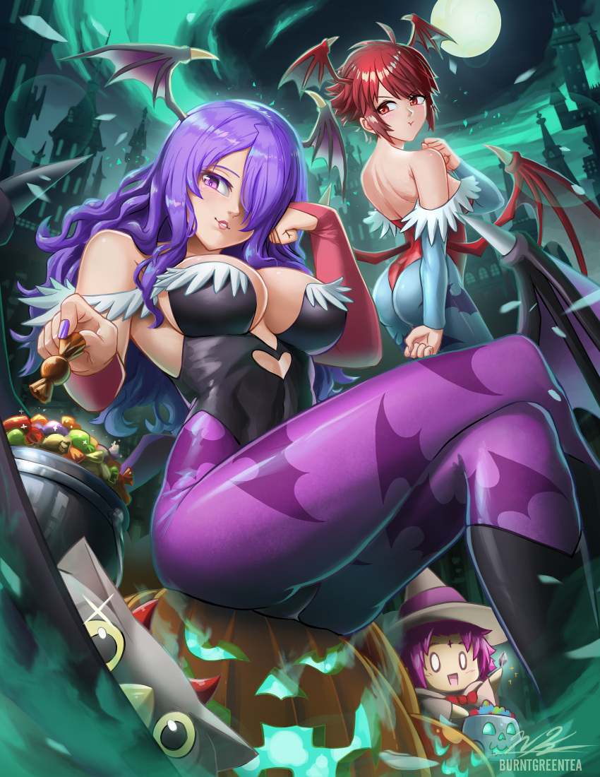 3girls absurdres animal_print ass bat_print breasts burnt_green_tea camilla_(fire_emblem) candy chibi cleavage cosplay facial_mark fae_(fire_emblem) fire_emblem fire_emblem:_the_binding_blade fire_emblem_fates fire_emblem_heroes food forehead_mark halloween hat highres hinoka_(fire_emblem) leotard lilith_aensland lilith_aensland_(cosplay) morrigan_aensland morrigan_aensland_(cosplay) multiple_girls pantyhose purple_hair red_hair vampire_(game) witch_hat