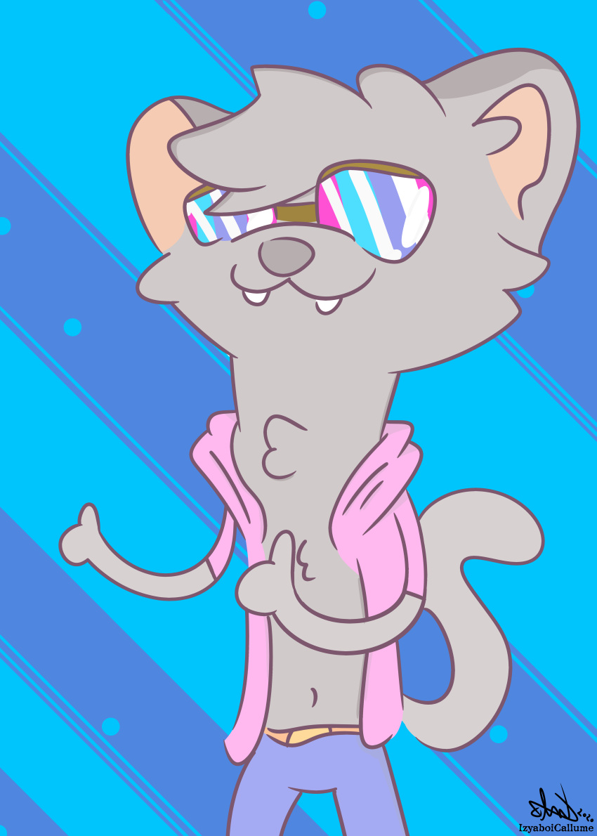 absurd_res anthro bared_chest cheek_tuft chest_tuft clothed clothing cougar cute_fangs ears_up eyewear facial_tuft fangs felid feline fur gesture grey_body grey_fur grey_tail hair hi_res hoodie izyaboicallume leo_(character) male mammal navel signature simple_background simple_coloring simple_nose simple_shading smile smiling_at_viewer smug smug_face solo standing sunglasses teeth teeth_showing thumbs_up topwear tuft