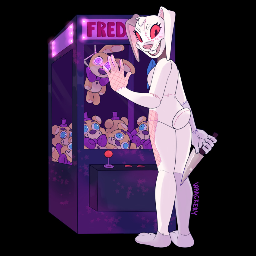 1:1 anthro black_background black_eyes breasts claw_machine eyebrows female five_nights_at_freddy's fredbear_(fnaf) glowing glowing_eyes hair hi_res holding_object knife lagomorph leporid looking_back mammal plushie rabbit red_sclera ribbons simple_background small_tail spring_bonnie_(fnaf) standing vanny_(fnaf) video_games waackery