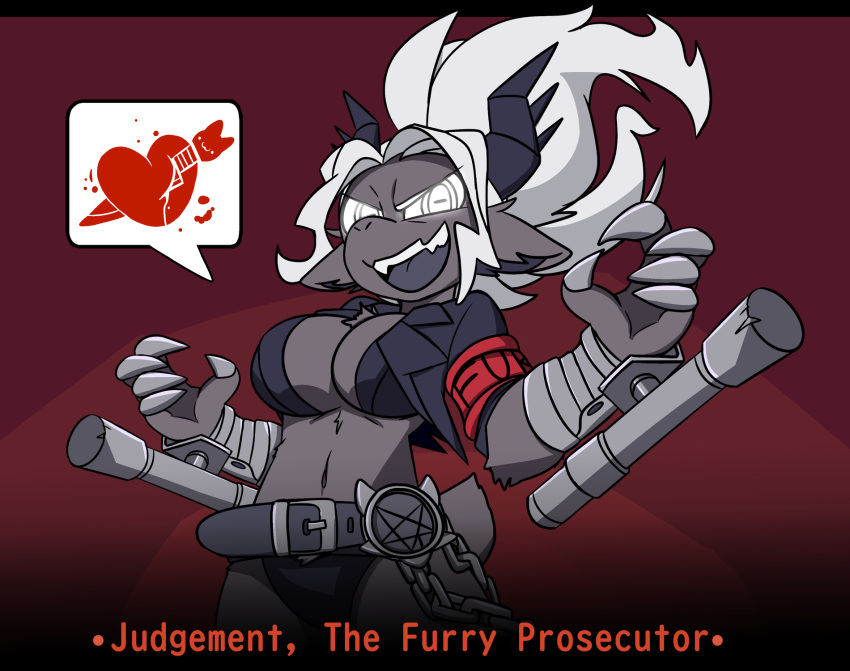 alternate_species anthro big_breasts bovid breasts caprine claws female fur furrification goat grey_body grey_fur hair helltaker hi_res horizontal_pupils horn judgement_(helltaker) lassodraw mammal pupils red_background simple_background solo white_hair