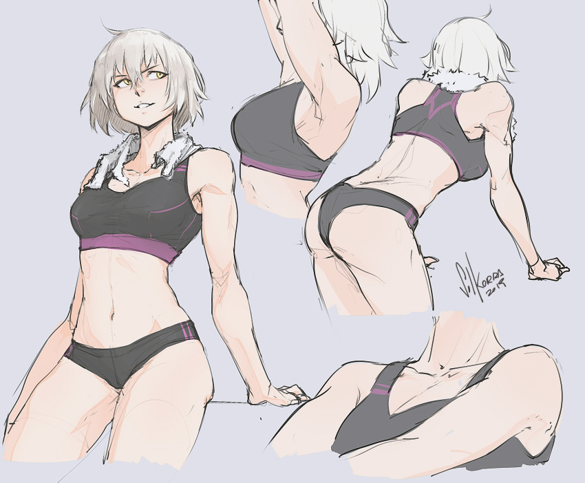 2019 alternate_costume arm_support artist_name ass breasts cleavage cowboy_shot cropped_hoodie cropped_legs dated exercise fate_(series) from_behind grey_background grey_hair hair_between_eyes highres hood hoodie jeanne_d'arc_(alter)_(fate) jeanne_d'arc_(fate)_(all) looking_to_the_side medium_breasts multiple_views muscle muscular_female navel sketch solkorra sports_bra thighs towel towel_around_neck yellow_eyes