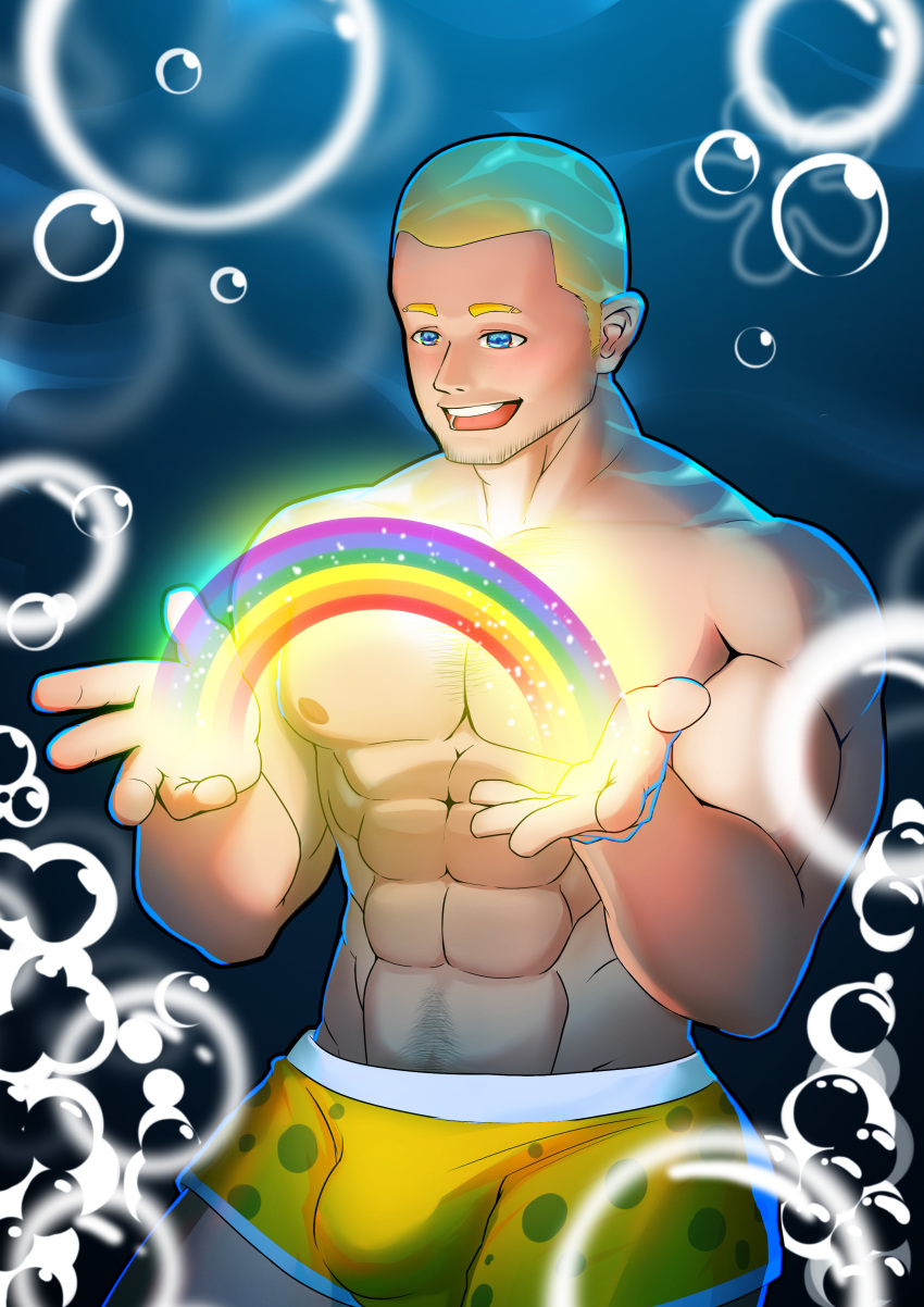 1boy abs absurdres bara bare_chest blonde_hair blue_eyes boxers bubble bulge chest facial_hair highres lgbt_pride male_focus male_underwear muscle navel navel_hair nipples original rainbow short_hair smile solo stubble thick_thighs thighs underwear yanxijun