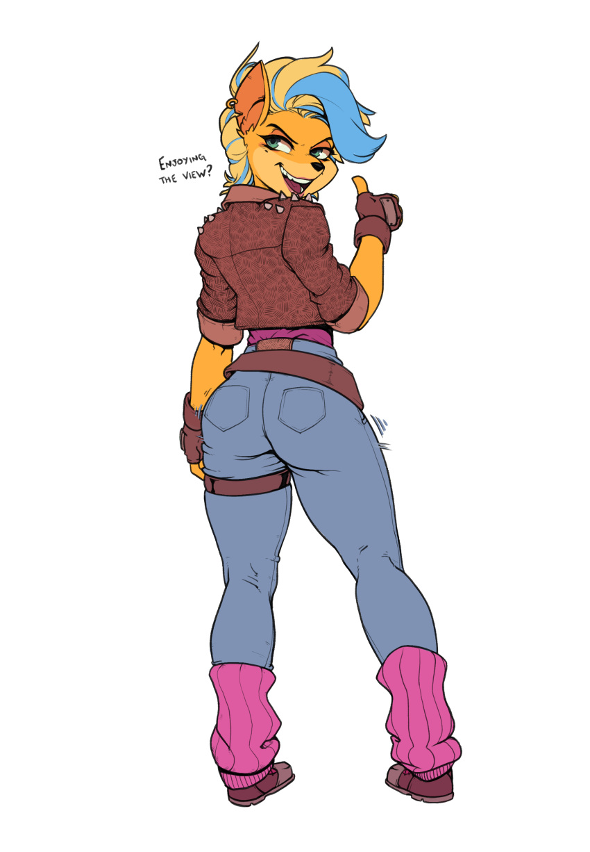 2020 absurd_res activision anthro bandicoot bottomwear butt clothing crash_bandicoot_(series) denim denim_clothing female gesture hair hi_res jacket jeans looking_back mammal marsupial multicolored_hair pants pirate_tawna rear_view ricksteubens simple_background solo tawna_bandicoot thumbs_up topwear video_games white_background