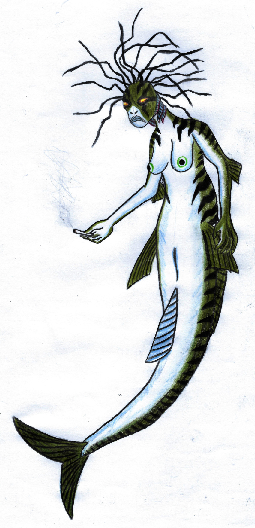absurd_res animal_genitalia belly breasts cetacean_pussy clothed clothing dreadlocks drugs ebrithilbowser female fin fish_tail genital_slit genitals gills green_body green_skin hi_res marijuana marine merfolk no_bg no_pupils non-mammal_breasts old pussy simple_background slit solo striped_body striped_tail stripes topless topless_female underwater water white_background white_belly white_body white_skin yellow_eyes