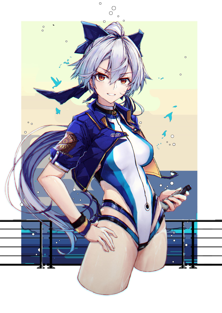 1girl absurdres bangs blue_bow blue_jacket blue_swimsuit bow breasts commentary_request fate/grand_order fate_(series) hair_between_eyes hair_bow highleg highleg_swimsuit highres jacket large_breasts long_hair looking_at_viewer one-piece_swimsuit ponytail q-pra red_eyes revision short_sleeves silver_hair swimsuit thighs tomoe_gozen_(fate/grand_order) tomoe_gozen_(swimsuit_saber)_(fate) two-tone_swimsuit white_swimsuit