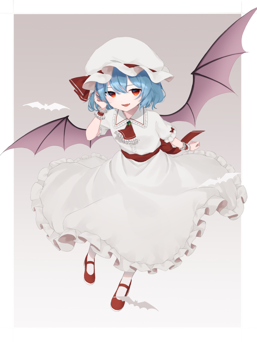 1girl absurdres back_bow bat bat_wings blue_hair bow brooch commentary_request dress fang full_body gradient gradient_background grey_background hand_up hat hat_ribbon highres jewelry looking_at_viewer mary_janes mob_cap norichiizu open_mouth red_bow red_eyes red_footwear red_neckwear red_ribbon remilia_scarlet ribbon shoes short_hair short_sleeves smile solo touhou white_dress white_headwear wings wrist_cuffs