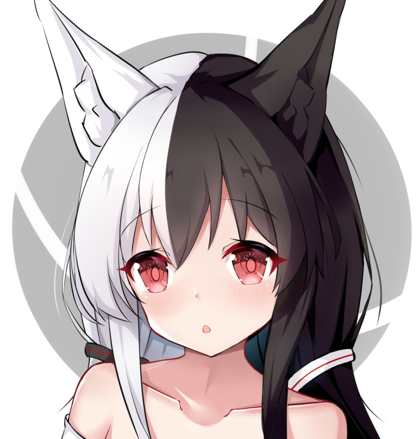 1girl :o alice_mana alice_mana_channel animal_ear_fluff animal_ears bangs bare_shoulders black_hair blush collarbone commentary_request eyebrows_visible_through_hair fox_ears grey_background hair_between_eyes hair_ornament highres long_hair looking_at_viewer multicolored_hair nagato-chan parted_lips red_eyes solo split_theme two-tone_background two-tone_hair upper_body virtual_youtuber white_background white_hair