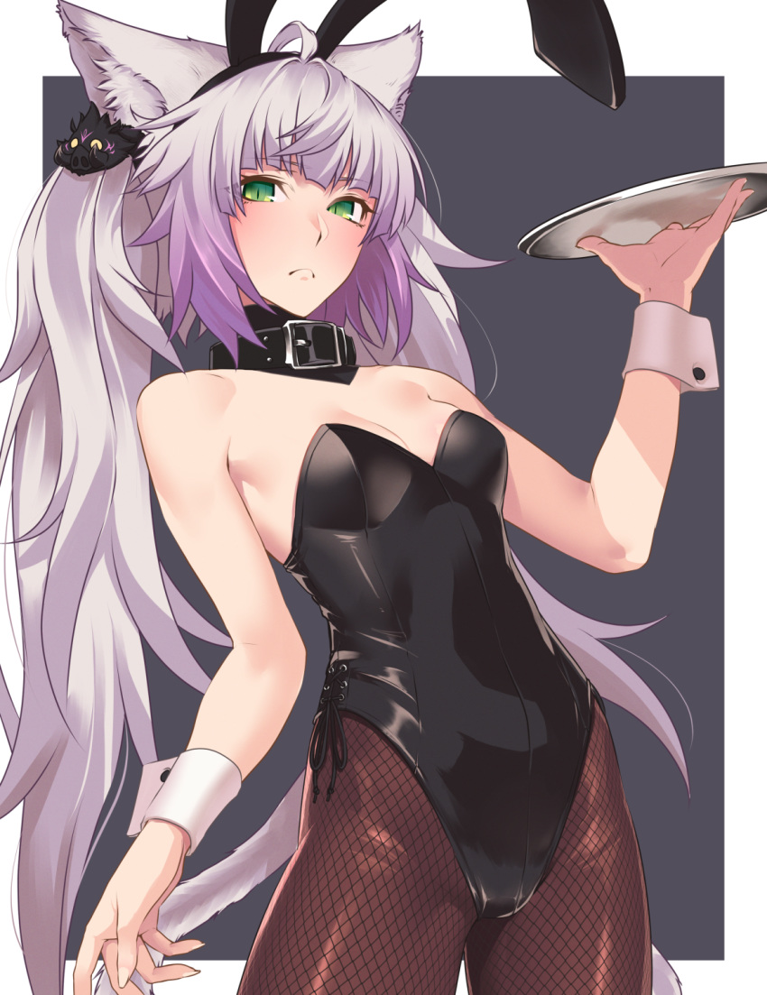 1girl ahoge alternate_costume animal_ears atalanta_(alter)_(fate) atalanta_(fate) black_collar black_hairband black_legwear black_leotard breasts bunny_ears cat_ears cat_tail collar cowboy_shot detached_collar fake_animal_ears fate_(series) fishnet_legwear fishnets gradient_hair green_eyes grey_hair hairband highres hikichi_sakuya holding holding_tray leotard long_hair multicolored_hair pantyhose playboy_bunny purple_hair side-tie_leotard slit_pupils small_breasts solo standing strapless strapless_leotard tail tray wrist_cuffs