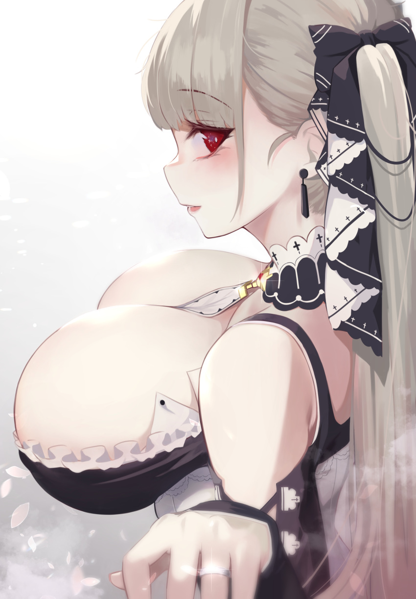 1girl absurdres azur_lane bangs between_breasts black_dress blush breasts cleavage dress earrings eyebrows_visible_through_hair formidable_(azur_lane) frilled_dress frills grey_hair hair_ribbon highres huge_breasts jewelry long_hair looking_at_viewer parted_lips red_eyes ribbon ring simple_background smile solo torriet twintails two-tone_dress two-tone_ribbon wedding_band