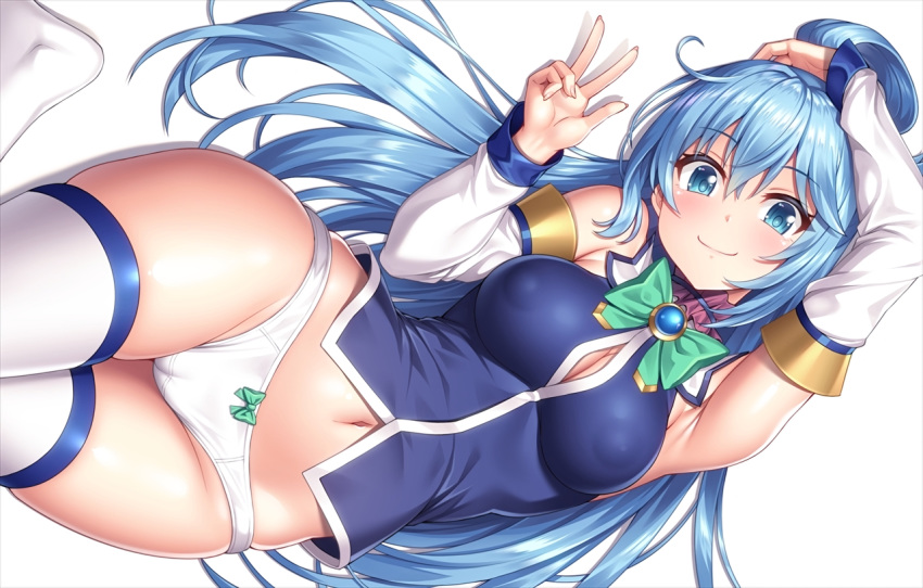 aqua_(konosuba) aqua_eyes aqua_hair bow breasts cameltoe cleavage erect_nipples kono_subarashii_sekai_ni_shukufuku_wo! lambda long_hair navel panties ponytail thighhighs underwear waifu2x