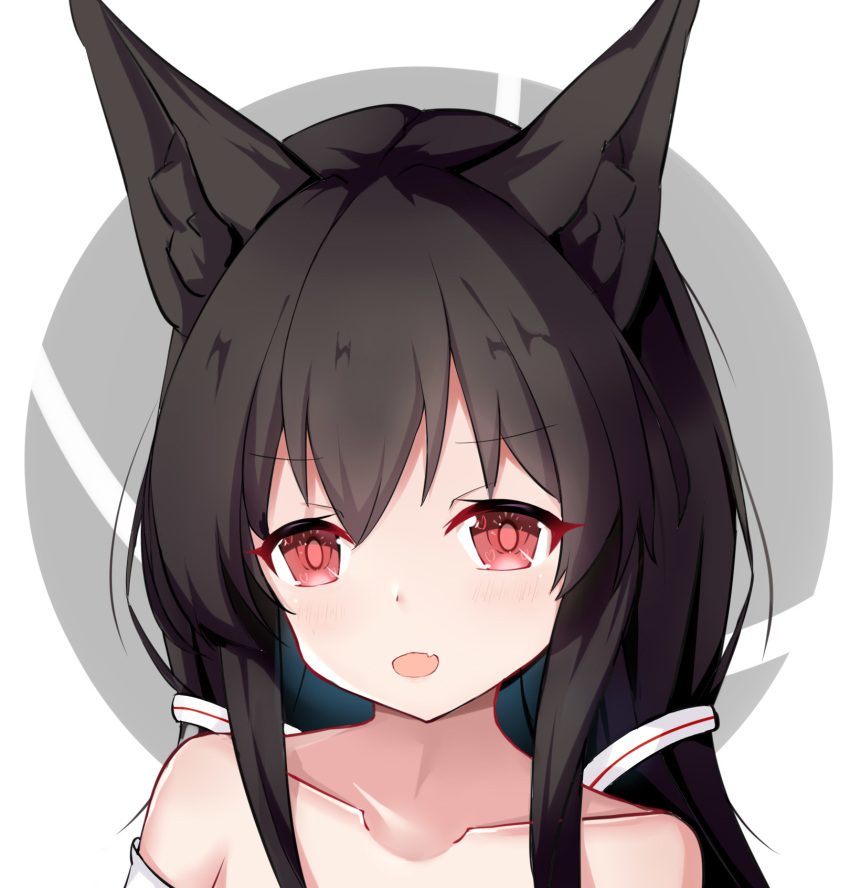 1girl :d alice_mana alice_mana_channel animal_ear_fluff animal_ears bangs bare_shoulders black_hair blush collarbone eyebrows_visible_through_hair fang fox_ears grey_background hair_between_eyes hair_ornament highres long_hair looking_at_viewer nagato-chan open_mouth red_eyes revision smile solo two-tone_background upper_body virtual_youtuber white_background