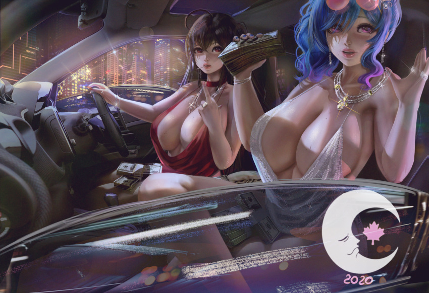 2020 2girls artist_request azur_lane backless_dress backless_outfit bangs bare_shoulders black_hair blue_hair blue_nails breasts building car car_interior center_opening choker cityscape cleavage cocktail_dress dollar_bill dress earrings evening_gown gold_necklace ground_vehicle hair_between_eyes halter_dress highres holding holding_money huge_breasts jewelry large_breasts middle_finger money motor_vehicle multiple_girls nail_polish necklace pink_eyes plunging_neckline procreate_(medium) red_choker red_dress red_eyes revealing_clothes ring sidelocks silver_dress skyscraper st._louis_(azur_lane) st._louis_(luxurious_wheels)_(azur_lane) taihou_(azur_lane) taihou_(forbidden_feast)_(azur_lane)