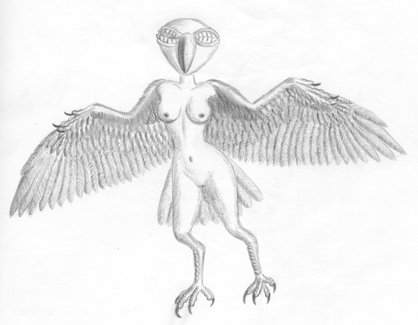 absurd_res animal_humanoid anthro avian avian_humanoid beak bird bird_feet bird_humanoid breasts claws ebrithilbowser eye_mouth feathered_arms feathered_wings feathers female hi_res humanoid monochrome mouth_eye navel nipples nude simple_background solo tail_feathers teeth white_background wide_hips winged_arms wings