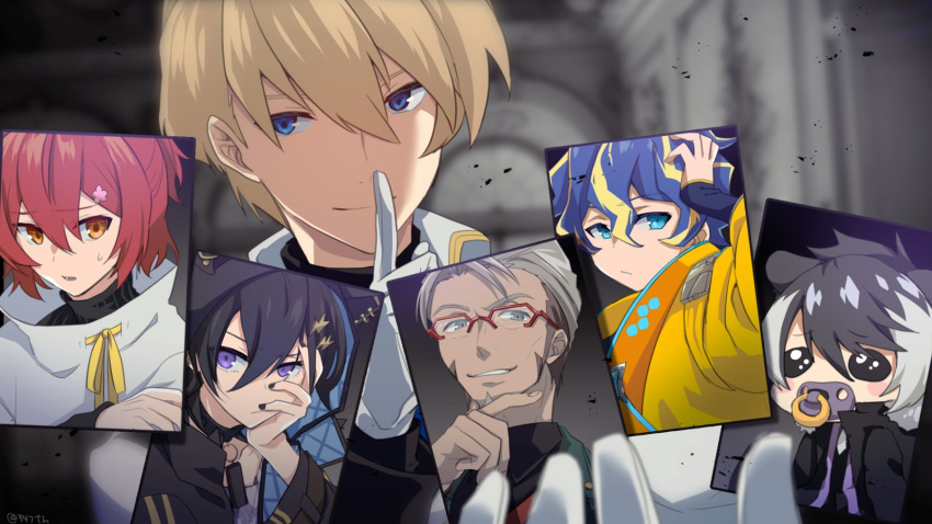 6+boys animal_ears animal_hood aqua_eyes arurandis astel_leda black_coat black_hair black_nails blonde_hair blue_eyes blue_hair blush_stickers chibi closed_mouth coat dark_skin dark_skinned_male glasses gloves grey_hair grin hair_ornament hairclip hanasaki_miyabi highres holostars hood hood_up index_finger_raised jackal_ears kageyama_shien kanade_izuru kishido_temma lightning_bolt lightning_bolt_hair_ornament looking_at_viewer male_focus mudo_(saji) multicolored_hair multiple_boys nail_polish open_mouth orange_eyes pacifier purple_eyes red_hair short_hair smile streaked_hair sweatdrop two-tone_hair virtual_youtuber white_gloves yellow_coat