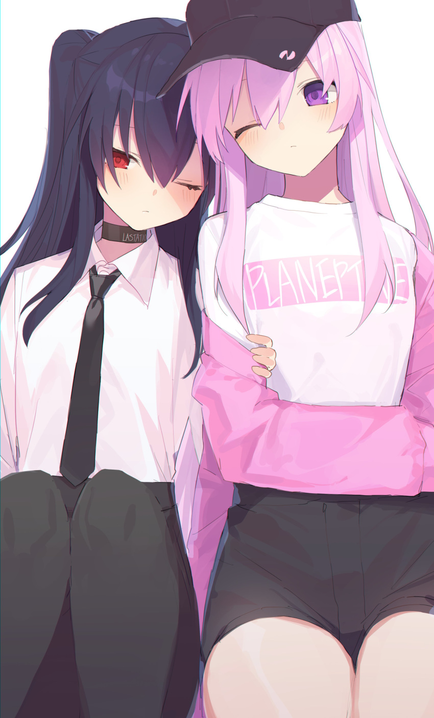 2girls absurdres bangs black_choker black_hair black_neckwear buran_buta choker collared_shirt eyebrows_visible_through_hair hair_between_eyes hat highres jacket long_hair long_sleeves looking_at_viewer multiple_girls necktie nepgear neptune_(series) one_eye_closed open_clothes open_jacket open_mouth pantyhose peaked_cap pink_jacket purple_eyes purple_hair red_eyes shirt short_shorts shorts sidelocks simple_background sitting uni_(neptune_series) white_background white_shirt