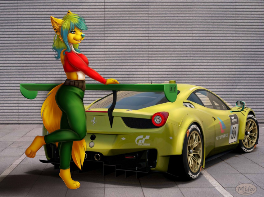 3d_(artwork) anthro blue_eyes blue_hair breasts butt canid canine canis car clothed clothing detailed_background digital_media_(artwork) female ferrari fluffy fluffy_tail fur gran_turismo green_hair hair mammal mifa multicolored_body multicolored_fur multicolored_hair open_mouth open_smile smile solo sony_corporation sony_interactive_entertainment teeth two_tone_body two_tone_fur two_tone_hair vehicle video_games white_body white_fur wolf yellow_body yellow_fur