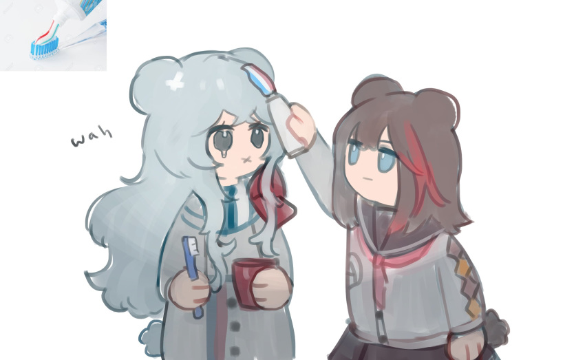 2girls :x animal_ears arknights bangs bear_ears bear_tail black_eyes blue_eyes blue_neckwear brown_hair chibi crying cup english_commentary haqlue highres holding holding_cup holding_toothbrush inset jacket jitome long_hair long_sleeves looking_at_another multicolored_hair multiple_girls neckerchief necktie photo_inset red_hair rosa_(arknights) sailor_collar school_uniform silver_hair simple_background streaked_hair tail toothbrush toothpaste upper_body white_background zima_(arknights)