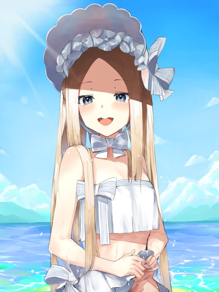 1girl abigail_williams_(fate/grand_order) abigail_williams_(swimsuit_foreigner)_(fate) bangs bare_shoulders beach bikini blonde_hair blue_eyes blue_sky blush bonnet bow braid breasts fate/grand_order fate_(series) forehead hair_bow hair_rings highres long_hair looking_at_viewer miniskirt nonaturednerd ocean open_mouth parted_bangs revision sidelocks skirt sky small_breasts smile swimsuit twin_braids twintails very_long_hair wet white_bikini white_bow white_headwear