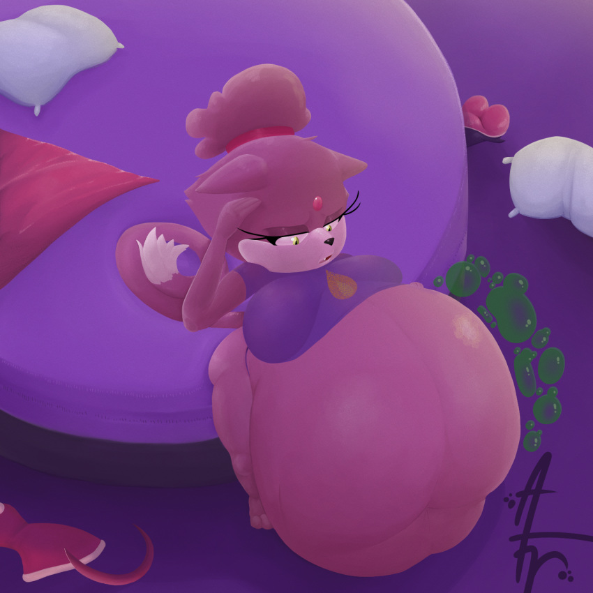 1:1 2020 afraart after_vore anthro bed bedroom belly big_belly blaze_the_cat clothing domestic_cat felid feline felis female female_pred furniture group hi_res inside mammal overweight overweight_female pillow purple_background purple_body shirt simple_background sonic_the_hedgehog_(series) topwear vore yellow_eyes