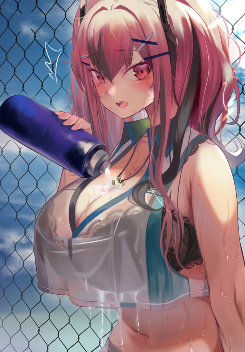 /\/\/\ 1girl :d absurdres azur_lane bangs bare_shoulders black_bra blue_sky blush bottle bra breasts bremerton_(azur_lane) bremerton_(scorching-hot_training)_(azur_lane) chain-link_fence cleavage collarbone collared_shirt commentary_request crop_top crop_top_overhang eyebrows_visible_through_hair fence hair_between_eyes hair_intakes hair_ornament hairclip heart heart_necklace highres lace-trimmed_bra lace_trim large_breasts long_hair looking_at_viewer midriff mole mole_under_eye multicolored_hair navel open_mouth pink_eyes pink_hair pouring_onto_self revision see-through shirt sidelocks sky sleeveless sleeveless_shirt smile solo sportswear streaked_hair sweat tennis_uniform torriet twintails two-tone_shirt underwear upper_body upper_teeth water_bottle wet wet_clothes wet_shirt x_hair_ornament