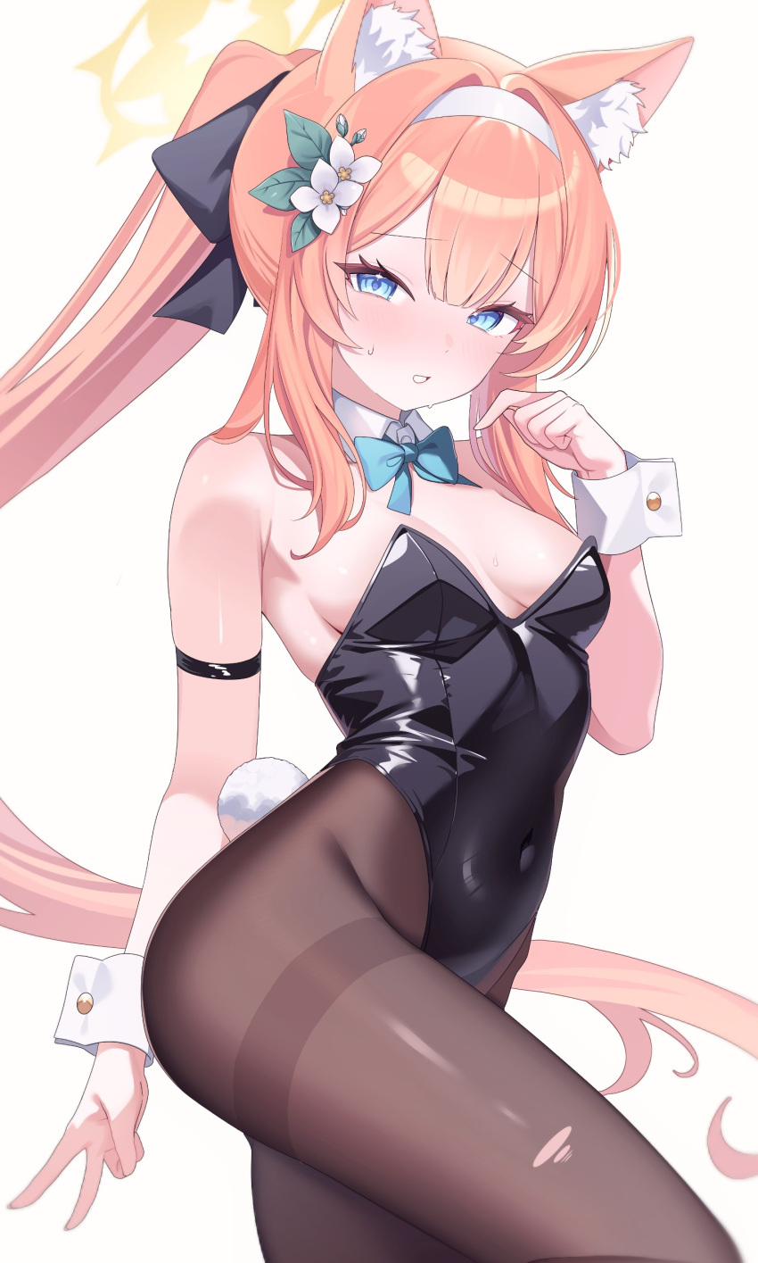1girl absurdres alternate_costume alternate_hairstyle animal_ear_fluff animal_ears arm_behind_back bare_shoulders black_leotard blue_archive blue_bow blue_bowtie blue_eyes blush bow bowtie breasts brown_pantyhose cat_ears cat_girl commentary covered_navel detached_collar fake_tail flower hair_flower hair_ornament hairband halo highres leotard long_hair looking_at_viewer mari_(blue_archive) medium_breasts nontraditional_playboy_bunny orange_hair pantyhose parted_lips poko050498 ponytail rabbit_tail simple_background smile solo sweatdrop tail thighband_pantyhose v very_long_hair white_background white_flower white_hairband wrist_cuffs yellow_halo