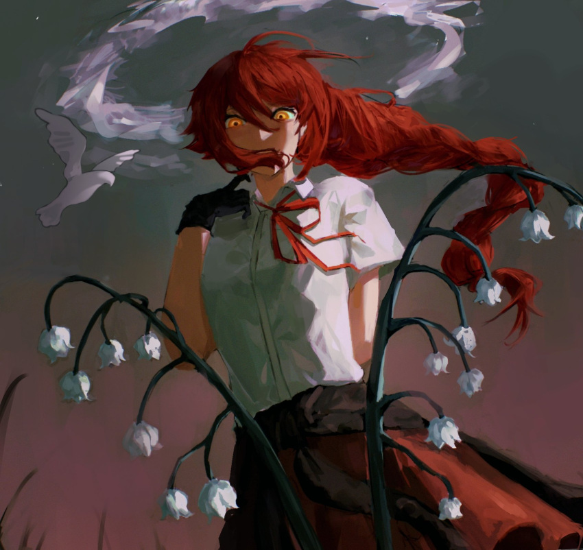 1girl arm_behind_back bird black_gloves black_jacket braid braided_ponytail brown_skirt clothes_around_waist cloud cloud_halo collared_shirt cowboy_shot creepy_eyes danganronpa:_despair_time floating_hair floating_ribbon flower gloves grass hair_over_mouth hand_on_own_shoulder hand_up highres jacket jacket_around_waist lekori lily_of_the_valley long_hair looking_at_viewer mai_akasaki neck_ribbon night painterly red_hair red_ribbon ribbon shirt short_sleeves skirt sky smile solo tied_jacket white_bird white_flower white_shirt yellow_eyes