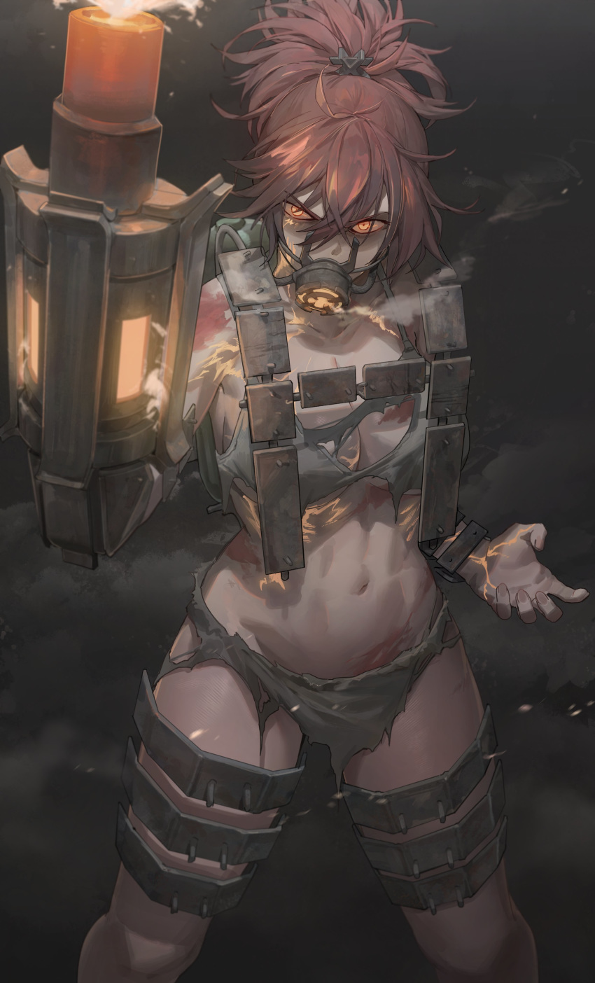 1girl absurdres arm_cannon bangs breasts breath cleavage cylinder dark_background eyebrows_visible_through_hair fingernails fire glowing glowing_eyes highres killing_floor_2 large_breasts mask messy_hair mouth_mask navel orange_eyes ponytail rags red_hair scar smoke thigh_strap toned weapon yohan1754