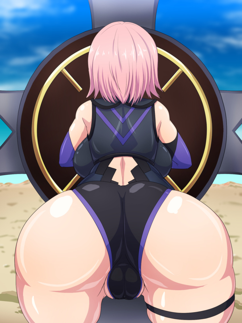 1girl ass back backboob bent_over blue_sky breasts cameltoe cloud commentary_request elbow_gloves fate/grand_order fate_(series) gloves highres leotard mash_kyrielight outdoors purple_gloves purple_hair regls shield short_hair sky solo thigh_strap