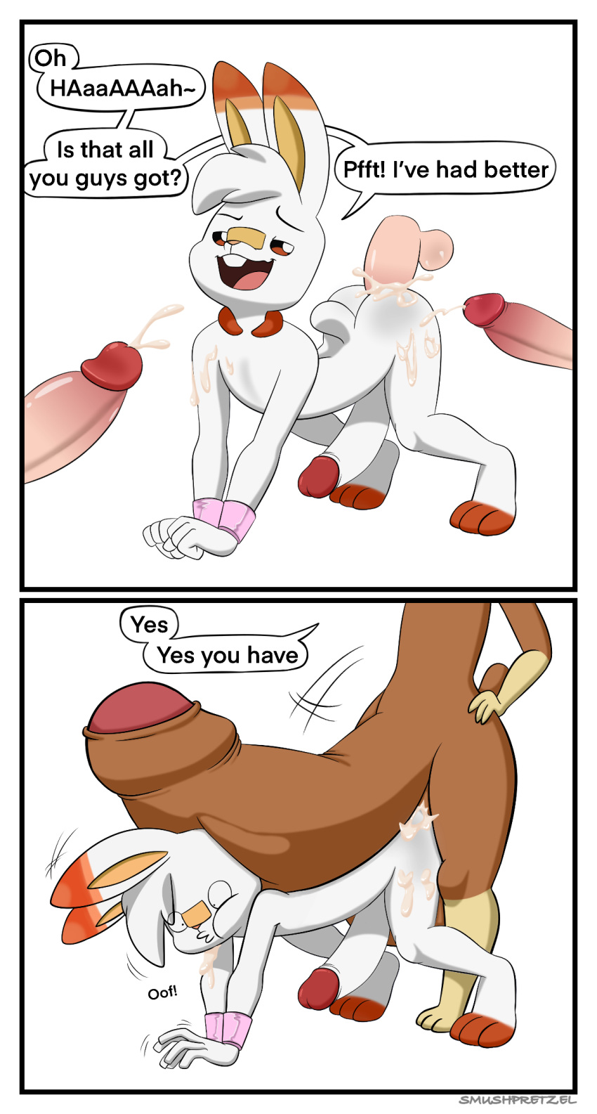 anthro big_penis bodily_fluids border bound cum disembodied_penis duo ejaculation english_text genital_fluids genitals gynomorph hi_res huge_penis hyper hyper_genitalia hyper_penis intersex intersex/male lopunny male nintendo penis pok&eacute;mon pok&eacute;mon_(species) scorbunny smushpretzel text video_games white_border