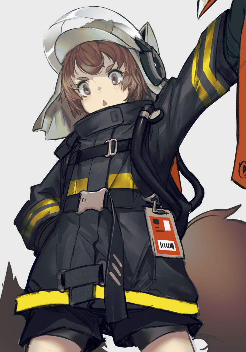 1girl animal_ears_helmet animal_helmet arknights axe black_gloves black_jacket black_shorts brown_eyes brown_hair commentary_request cowboy_shot fire_axe fire_helmet fire_jacket firefighter fixro2n gloves grey_background grey_headwear hand_in_pocket highres jacket long_sleeves outstretched_arm parted_lips shaw_(arknights) short_shorts shorts simple_background solo squirrel_girl squirrel_tail standing tail thick_eyebrows triangle_mouth v-shaped_eyebrows