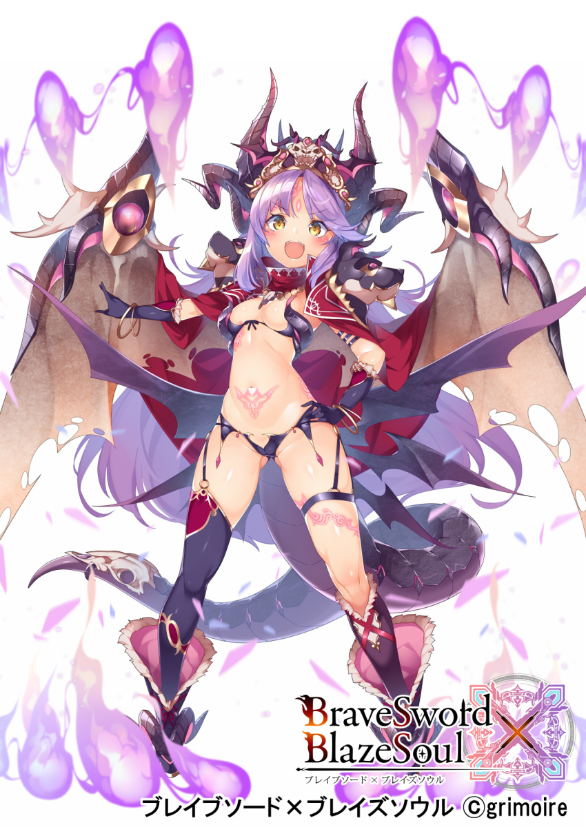 1girl ass_visible_through_thighs bangs bikini black_gloves black_legwear blush bracelet brave_sword_x_blaze_soul breasts cloak eyebrows_visible_through_hair facial_mark garter_straps gloves hand_on_hip highres horns jewelry kokka_han leg_tattoo long_hair looking_at_viewer open_mouth pubic_tattoo purple_hair revealing_clothes single_thighhigh small_breasts solo swimsuit tail tattoo thigh_strap thighhighs white_background wings yellow_eyes